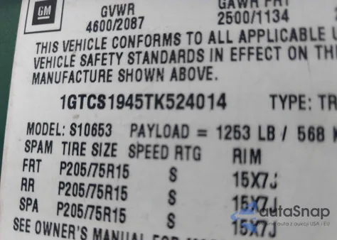 1996 GMC Sonoma z USA, uszkodzony, nr VIN 1GTCS1945TK524014
